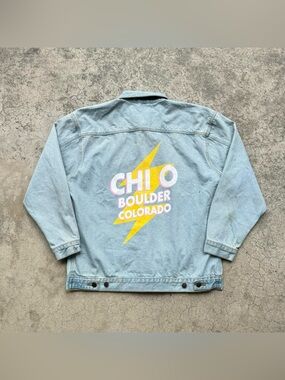 Vintage Distressed CHI OMEGA Boulder Colorado Sorority Cobra Denim Jacket